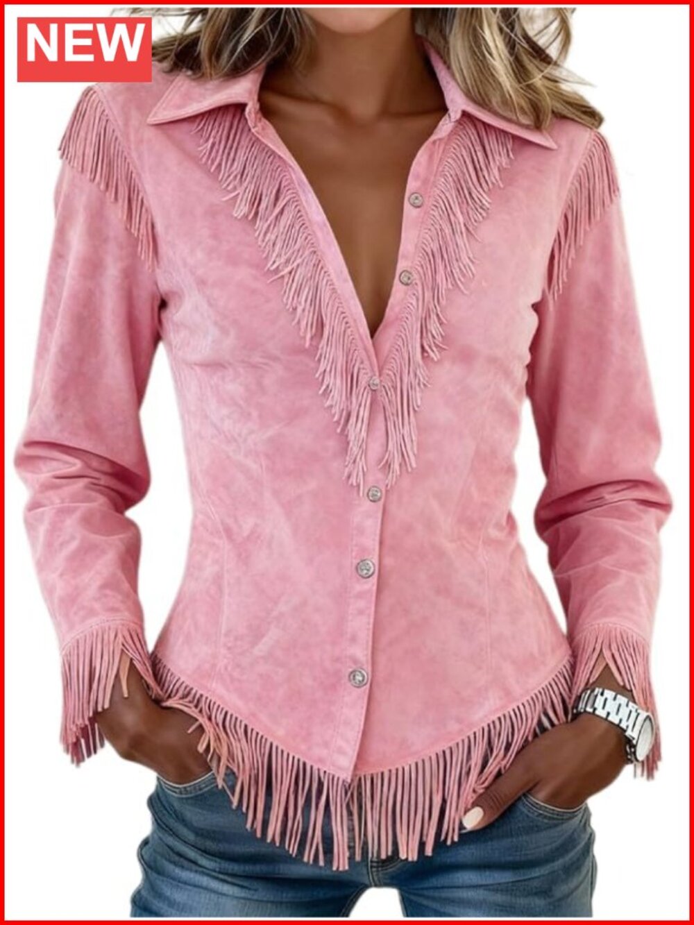 Faux Suede Western Fringe Shirt Vintage Button Down Slim Fit Blouse